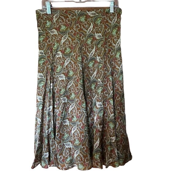 DKNY 100% Silk Flare Brown Paisley Midi Length Flare Skirt 4 - Picture 1 of 12
